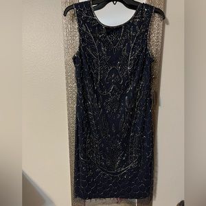 NWT ADRIANNA PAPELL Fully Beaded Mesh Sleeveless Sheath Cocktail Dress Size 8